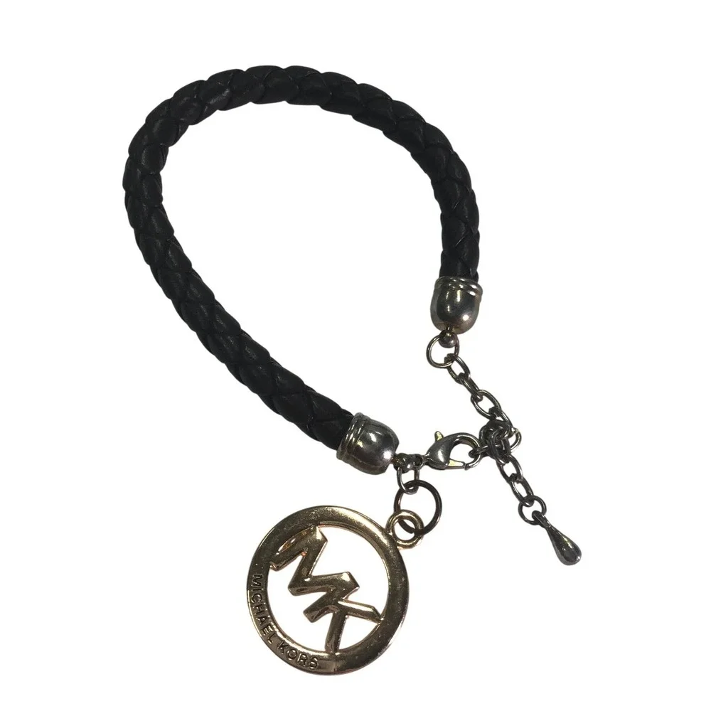 Michael Kors Black Braided Leather MK Logo Charm Bracelet Gold Silver Tone